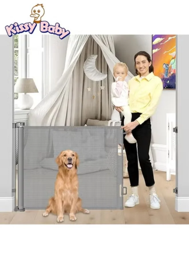 Kissy Baby Extra Tall Retractable Safety Gate, Premium Mesh Barrier for Stairs and Doorways (Grey, 150 cm) qxypj
