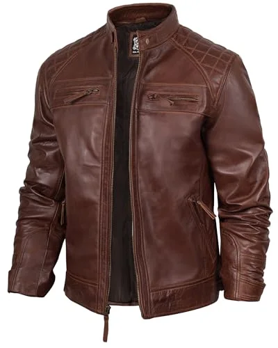 Premium Real Lambskin Leather Biker Jacket Quilted Cafe Racer Moto Style for Men (Brown, XS) 0ehua