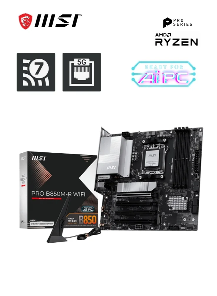 MSI PRO B850M-P WIFI Motherboard AM5 Socket for AMD Ryzen 9000/8000/7000 Series Processors (ATX, DDR5, PCIe 5.0, M.2 Gen5) 8bzs2