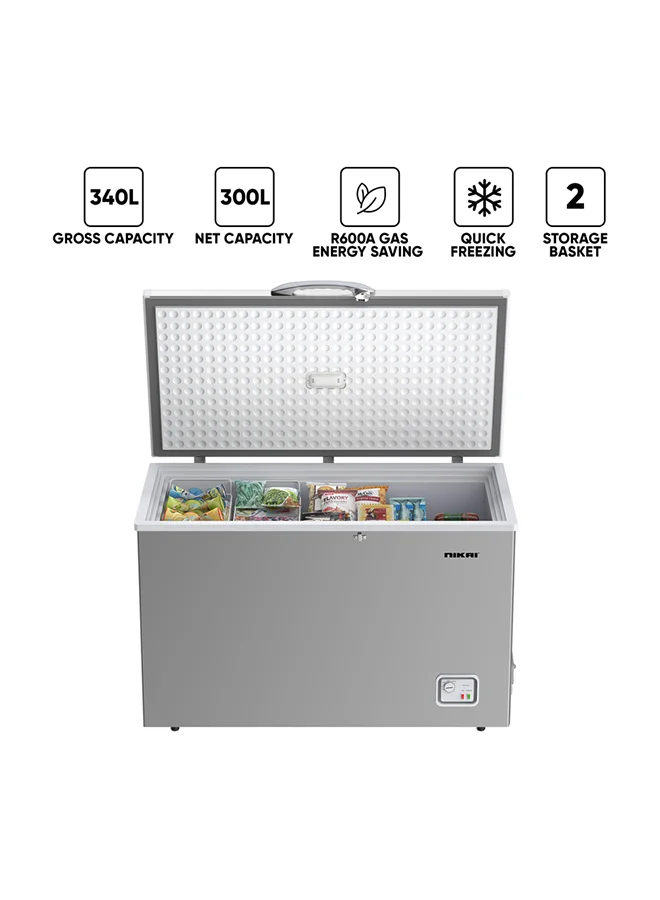 NIKAI Single Door Chest Freezer, 300L Net Capacity, High Efficiency Cooling System, Adjustable Temperature with Storage Basket (Silver, 300 L) 6nvy5