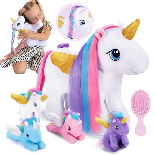 OUOZZZ Unicorn Plush Toy Set with 4 Baby Unicorns and Comb (Multicolor, 30 cm) gtnqu