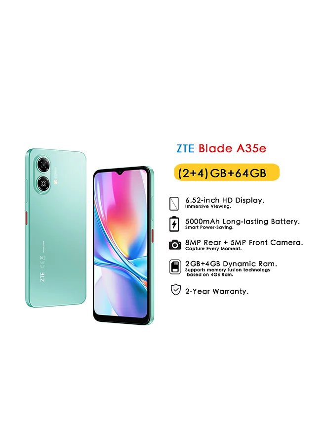 ZTE Blade A35e Dual SIM Smartphone 64GB 6GB RAM 4G LTE (Ice Green, 6.75 inch) rrf8z