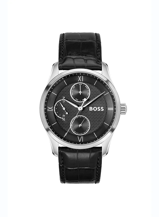 Premium Men's Quartz Analog Watch with Black Dial and Genuine Leather Strap (42mm) viao1