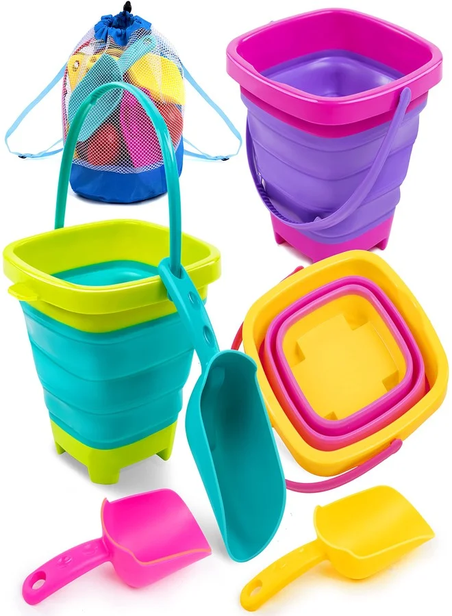 Sloosh Foldable Beach Bucket Set with Sand Shovels and Mesh Backpack for Kids (3 Pack, Pink/Purple/Green) ey9g5