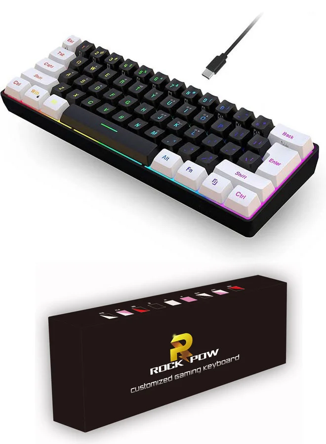 Rock Pow 60% Wired Gaming Keyboard RGB Backlit Ultra-Compact Mechanical-Feel Waterproof Keyboard for PC Gamers (White, 60% Layout) jjmy1