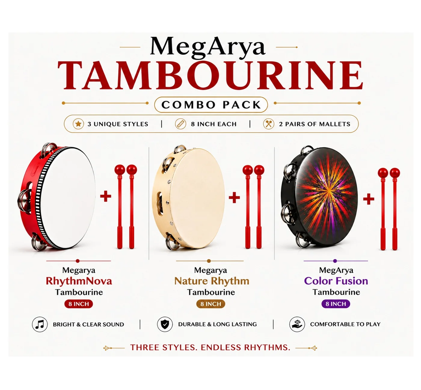 Megarya 8 Inch Tambourine Percussion Set with Mallets (3 Tambourines, 6 Mallets, Red) hmmop