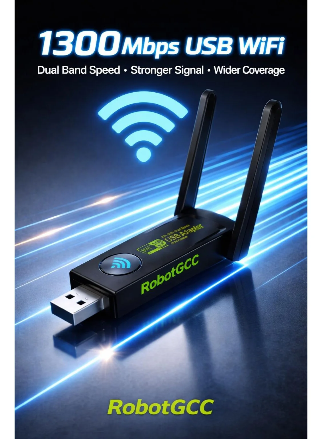 Robotgcc 1300Mbps USB WiFi Adapter Dual-Band Wireless Network Card with Long-Range Antennas for Desktop and Laptop (AC1300) 3m9g9