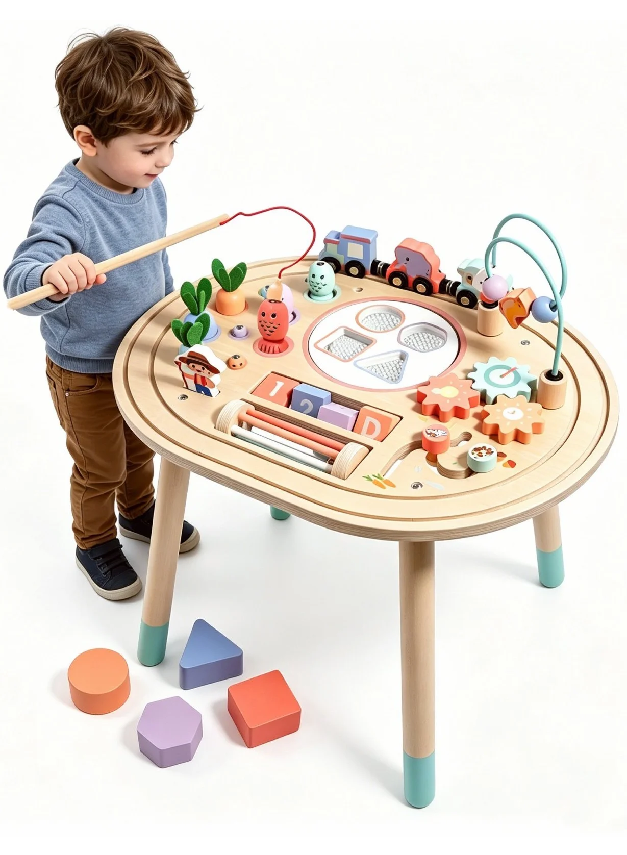 XICEN 10-in-1 Wooden Sensory Activity Table Montessori Learning Station with Shape Sorter and Train Track (Multicolor, 60 cm x 40 cm) 4jpqr