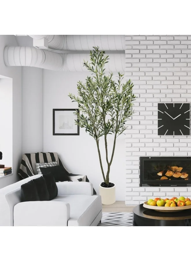 MirageBotanics Artificial Olive Tree 7ft Tall Lifelike Faux Plant with 3 Trunks and White Planter Pot for Indoor Home and Office Decor uqe54