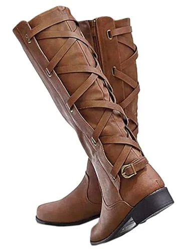Premium Women's Knee High Motorcycle Boots Lace Up Riding Flat Shoes (Brown, 40 cm) b61lv