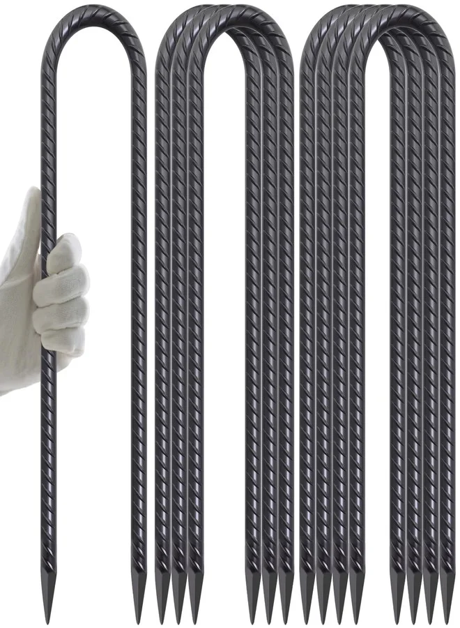 AAGUT Heavy Duty Trampoline Stakes (16 Inch, 8 Pack) U-Shaped Ground Anchor Kit for Soccer Goals and Swing Sets, Black Coated Steel kc306
