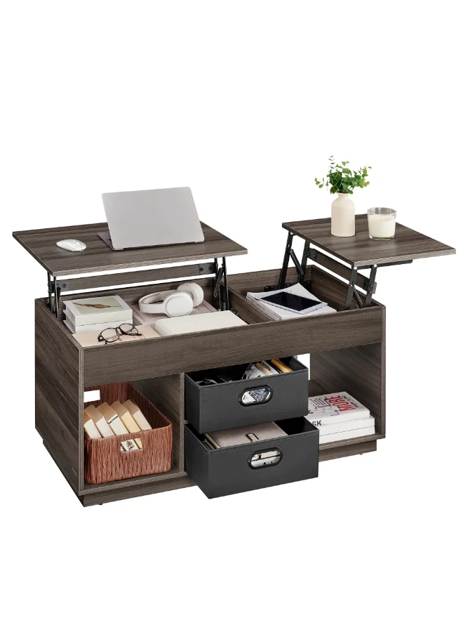 VASAGLE Lift Top Coffee Table with 2 Drawers and Hidden Storage, Premium Wood Centre Table for Living Room (Ash Brown, 100 cm) tb2o8