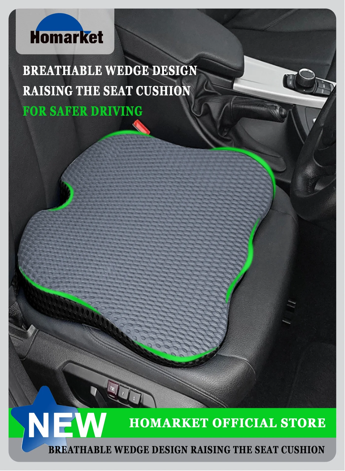 HomarKet Ergonomic Memory Foam Seat Cushion Breathable Mesh Cover for Car Driving and Office Chair (Black, 45x35x7 cm) 1zwya