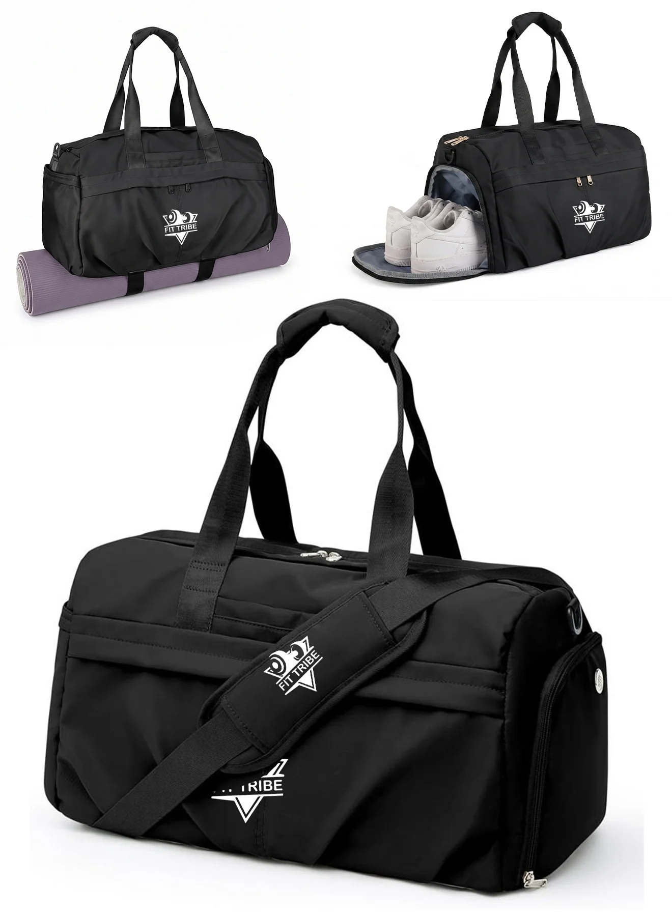 FIT TRIBE Waterproof Gym Duffle Bag with Shoe Compartment and Wet Pocket (Large, Black) hqgb5