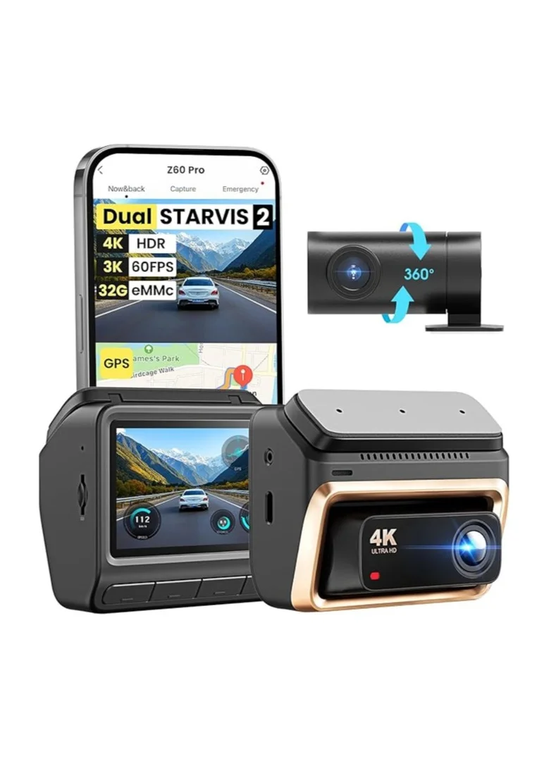 Premium Dual Dash Cam 4K Front and 1080P Rear Camera System with GPS and Night Vision (Black, 1 Set) otmeb