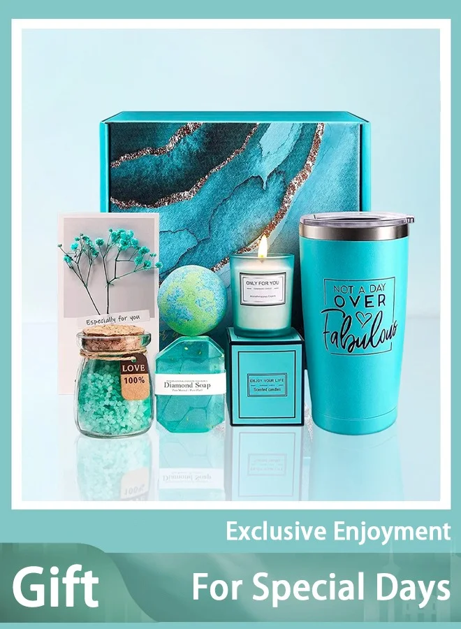 Arabest Luxury Spa Gift Set for Women - Insulated Tumbler, Scented Candles, Bath Bombs & Handmade Soap (Blue, 590 mL) d4rur