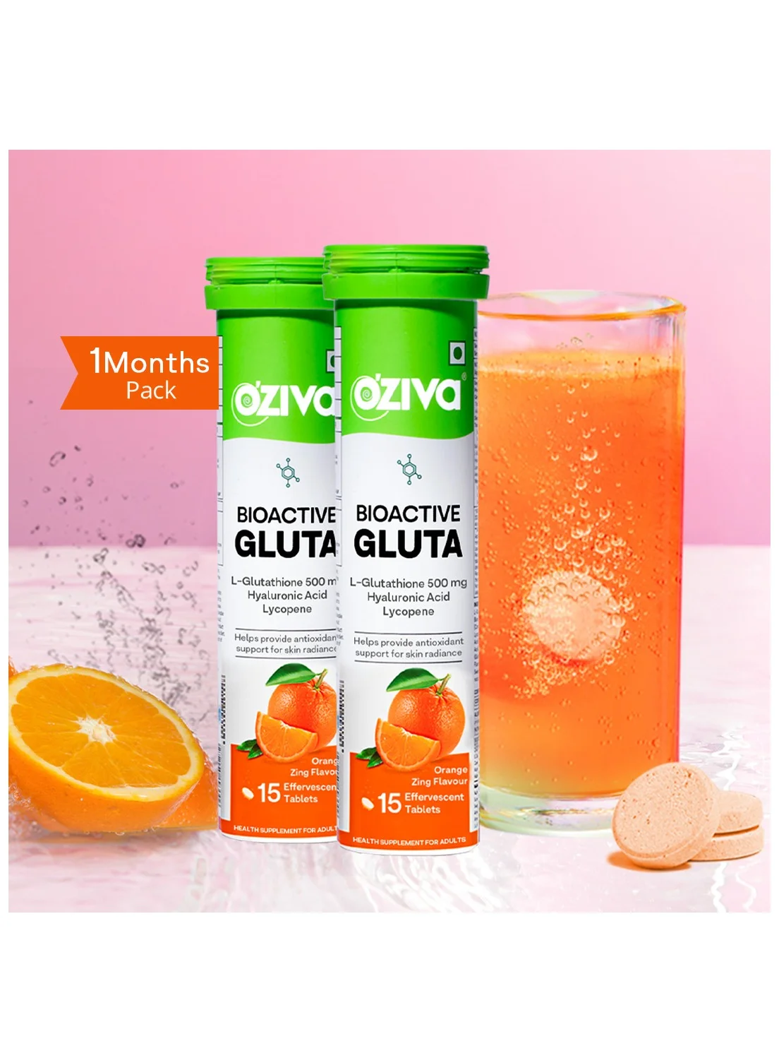 Bioactive Antioxidant Effervescent Tablets with Hyaluronic Acid and Lycopene for Skin Radiance (Orange Flavor, Pack of 2, 60 Tablets) z47wc