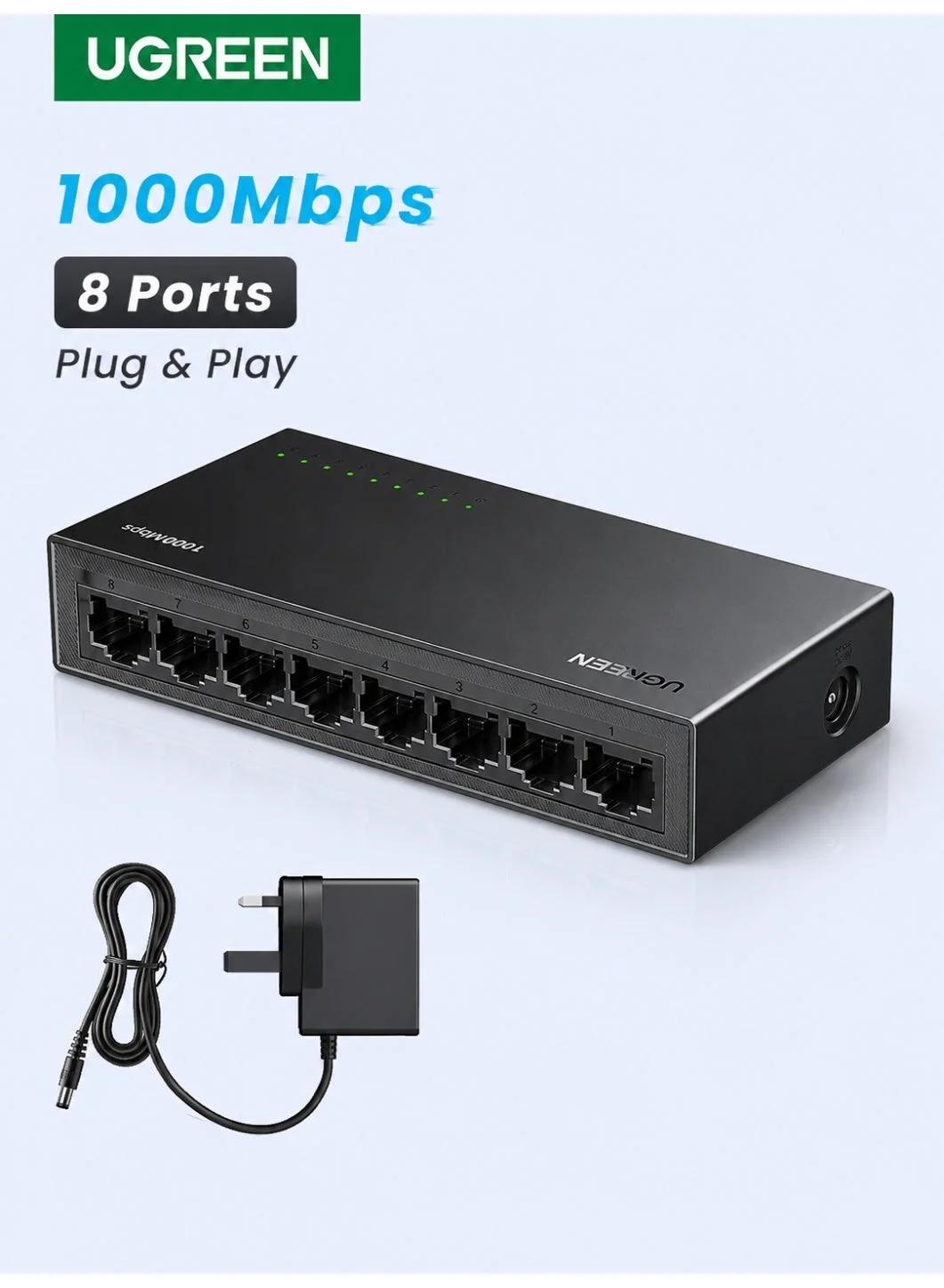 Premium 8-Port Gigabit Ethernet Network Switch 1000Mbps High-Speed Data Transfer for Home and Office (Black, 8 Ports) hg181