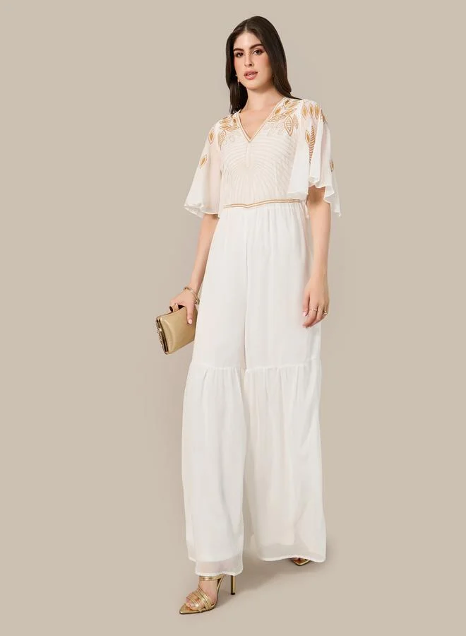 Styli Embroidered V-Neck Angel Sleeve Wide Leg Jumpsuit Premium Polyester Elegant Evening Wear (Black, M) 9nvm8
