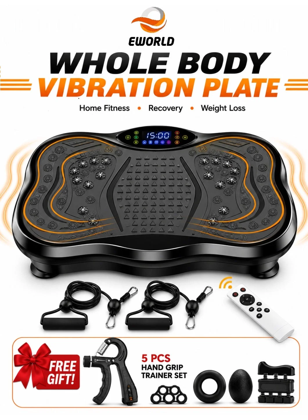 Eworld Whole Body Vibration Plate Exercise Machine with Bluetooth Speaker and Resistance Bands (99 Speed Levels, 150 kg Max Load) ij6et