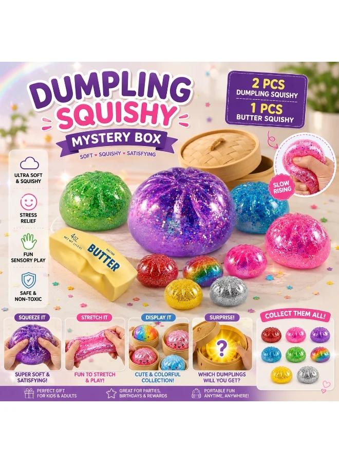 AMM Dumpling Squishy Mystery Box Set Sensory Fidget Toy (3 Pieces, Assorted Colors) w9940