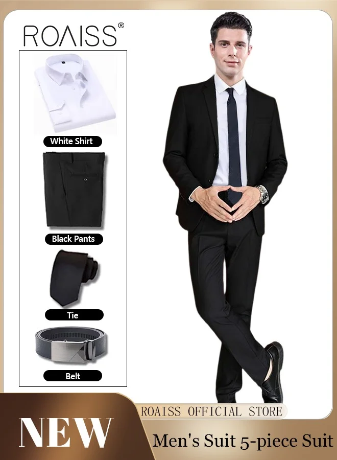 Roaiss Men's 5-Piece Professional Business Suit Set (Black, Classic Fit) - Includes Blazer, Trousers, Shirt, Tie, and Belt 6k8r0