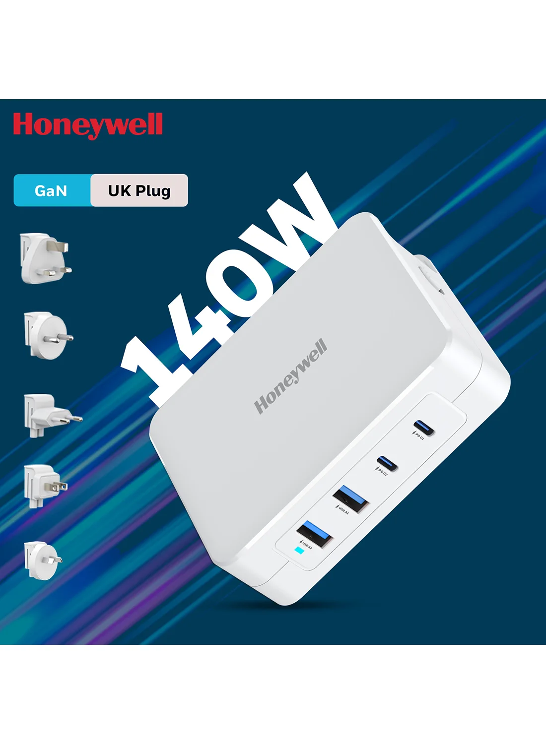 Honeywell 140W GaN Ultra-Fast Wall Charger with 2 USB-C and 2 USB-A Ports for Laptops and Smartphones (White) zgza8