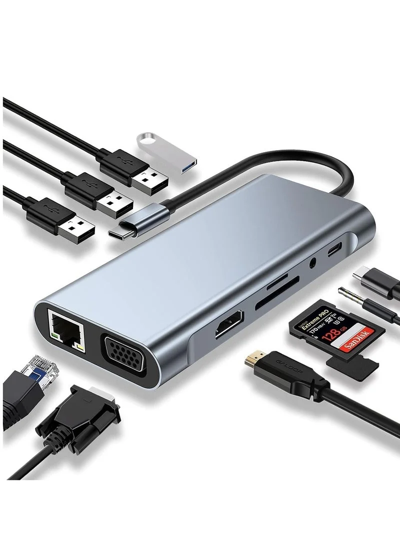Gulf Trend 11-in-1 USB-C Docking Station Multiport Adapter with 4K HDMI VGA Dual Display and 100W PD Charging (Silver, 1 Unit) qfhf4