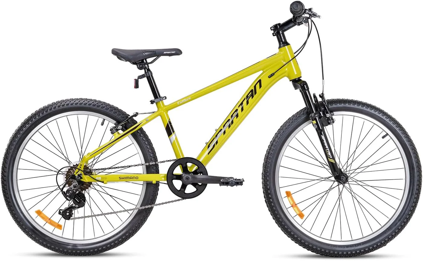 Spartan Mountain Bike 24-Inch Hardtail Trail Bicycle with 18-Speed Drivetrain and Front Suspension (Yellow, 24-Inch) 6ott6