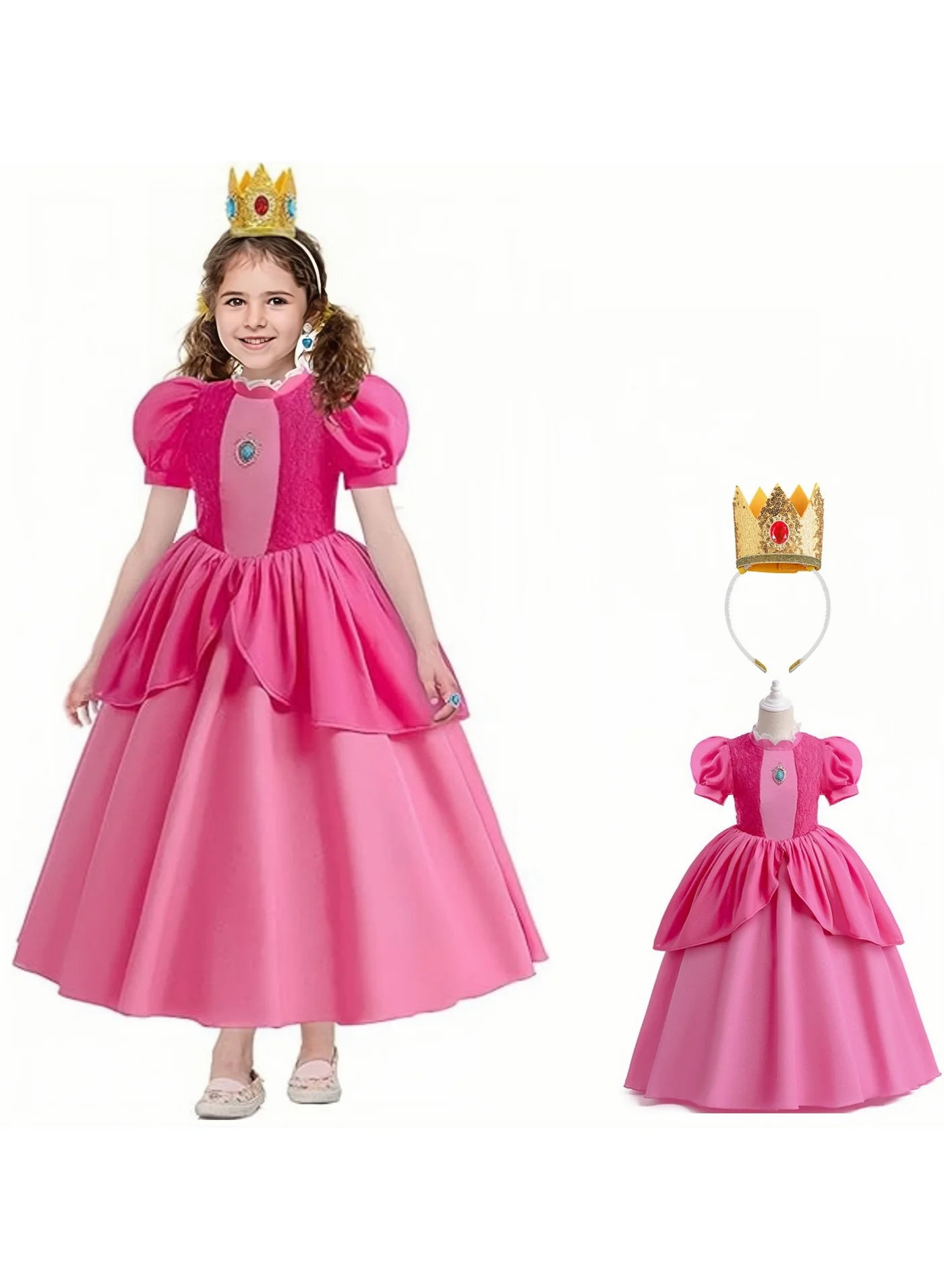 AUTOYSUR Girls Princess Costume Dress Lace Patchwork Puffy Skirt with Crown for Birthday Party and Cosplay (Pink, 120cm) ekpyr