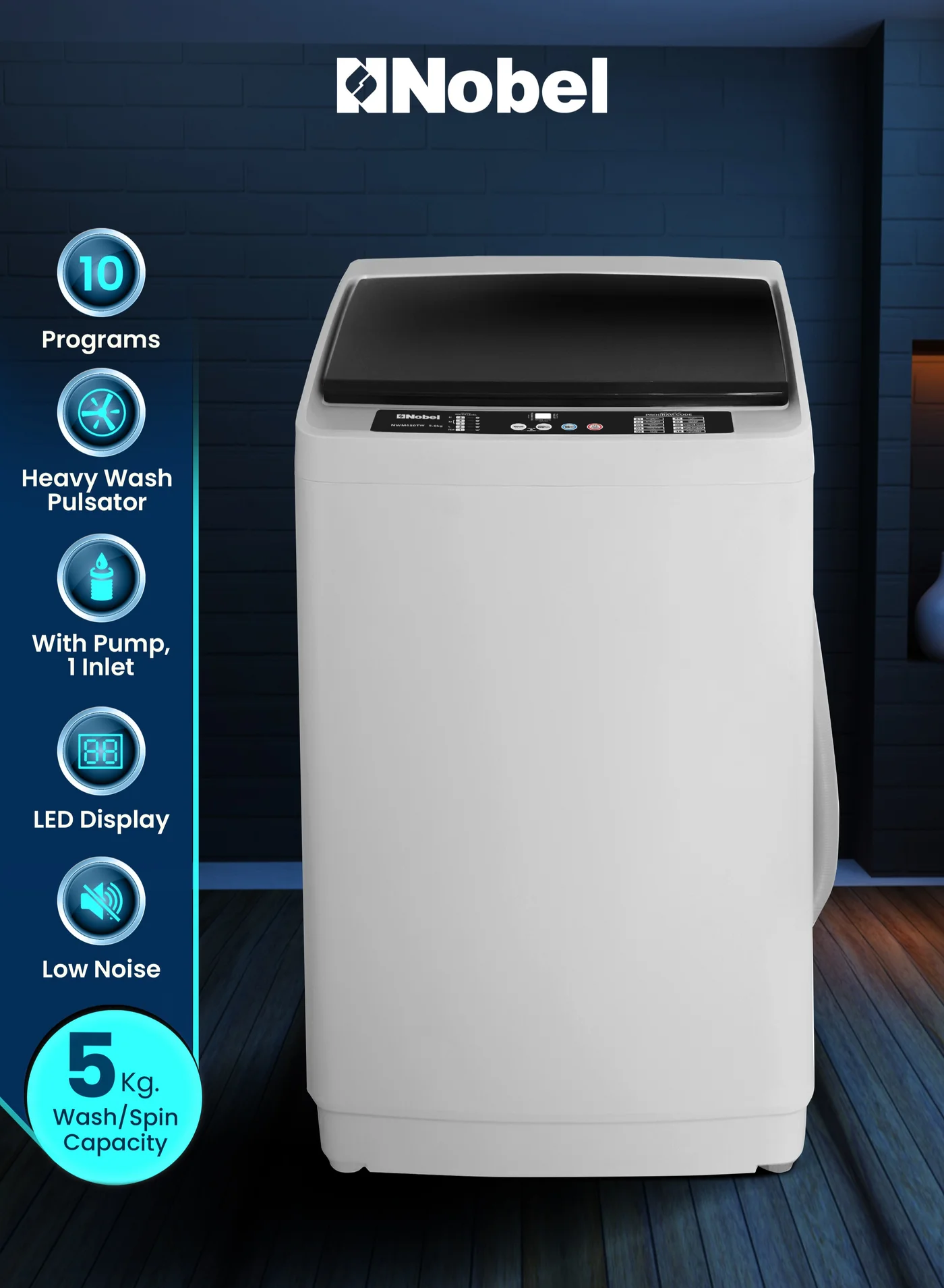 Nobel Fully Automatic Top Load Washing Machine with Stainless Steel Drum and 10 Wash Programs (White, 5 kg) st2af