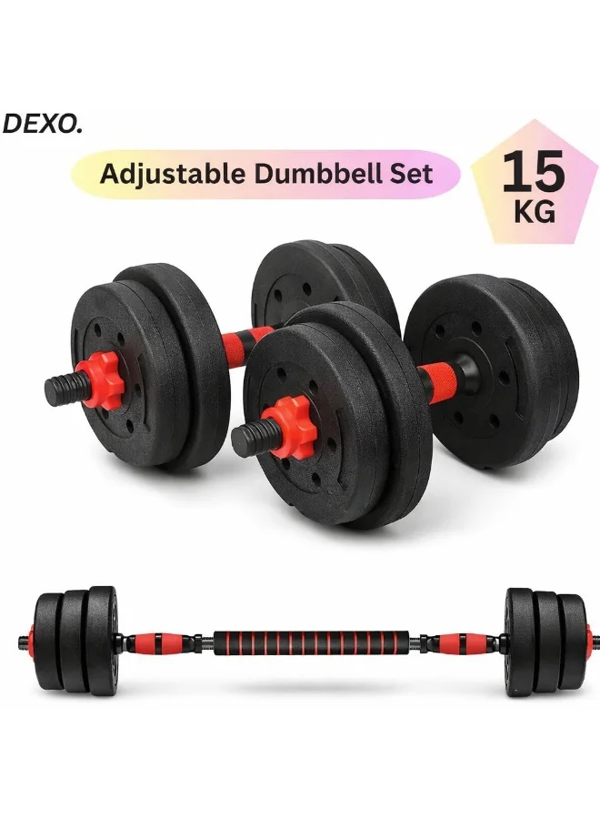DEXO Adjustable Dumbbell Set with Barbell Conversion Kit, Non-Slip Handles, Home Gym Strength Training Equipment (15 kg) jfgjb