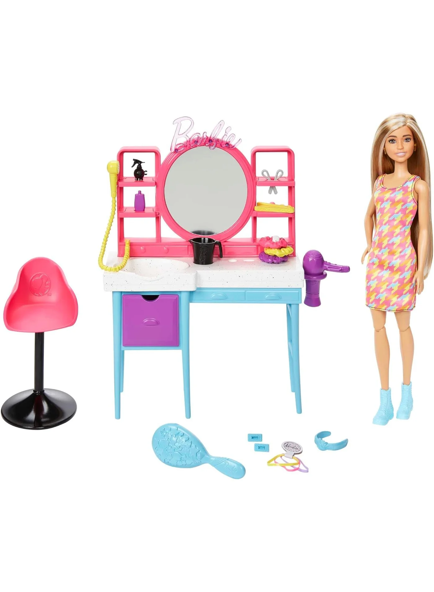 Fashion Doll Hair Salon Playset with Color-Change Hair Styling Accessories (Plastic, Kids) duhqb