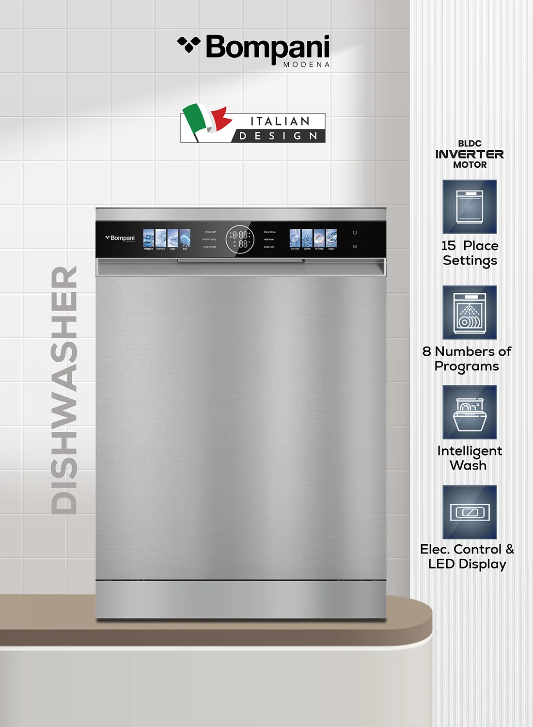Bompani 60cm Built-In Dishwasher with BLDC Inverter Motor, 15 Place Settings, 8 Wash Programs, Stainless Steel Tub, Auto Open Drying (Grey, 60cm) 1ce33