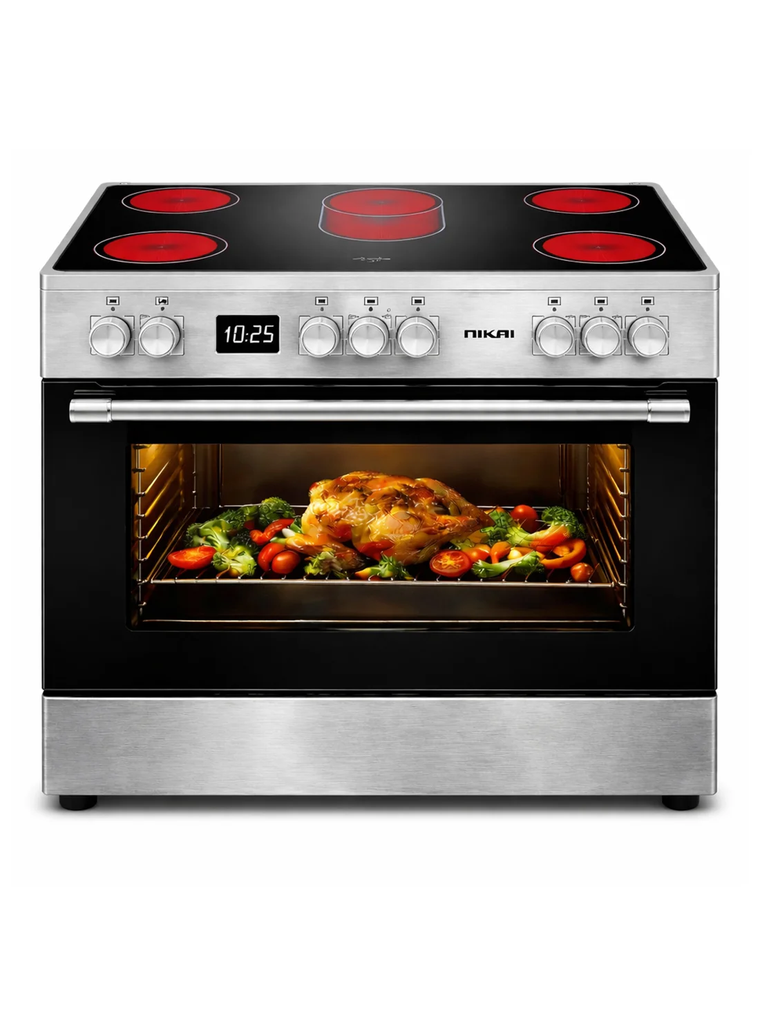 NIKAI 90x60cm Freestanding Electric Cooker with Ceramic Glass Hob and 5 Burners (Silver) ur2jb