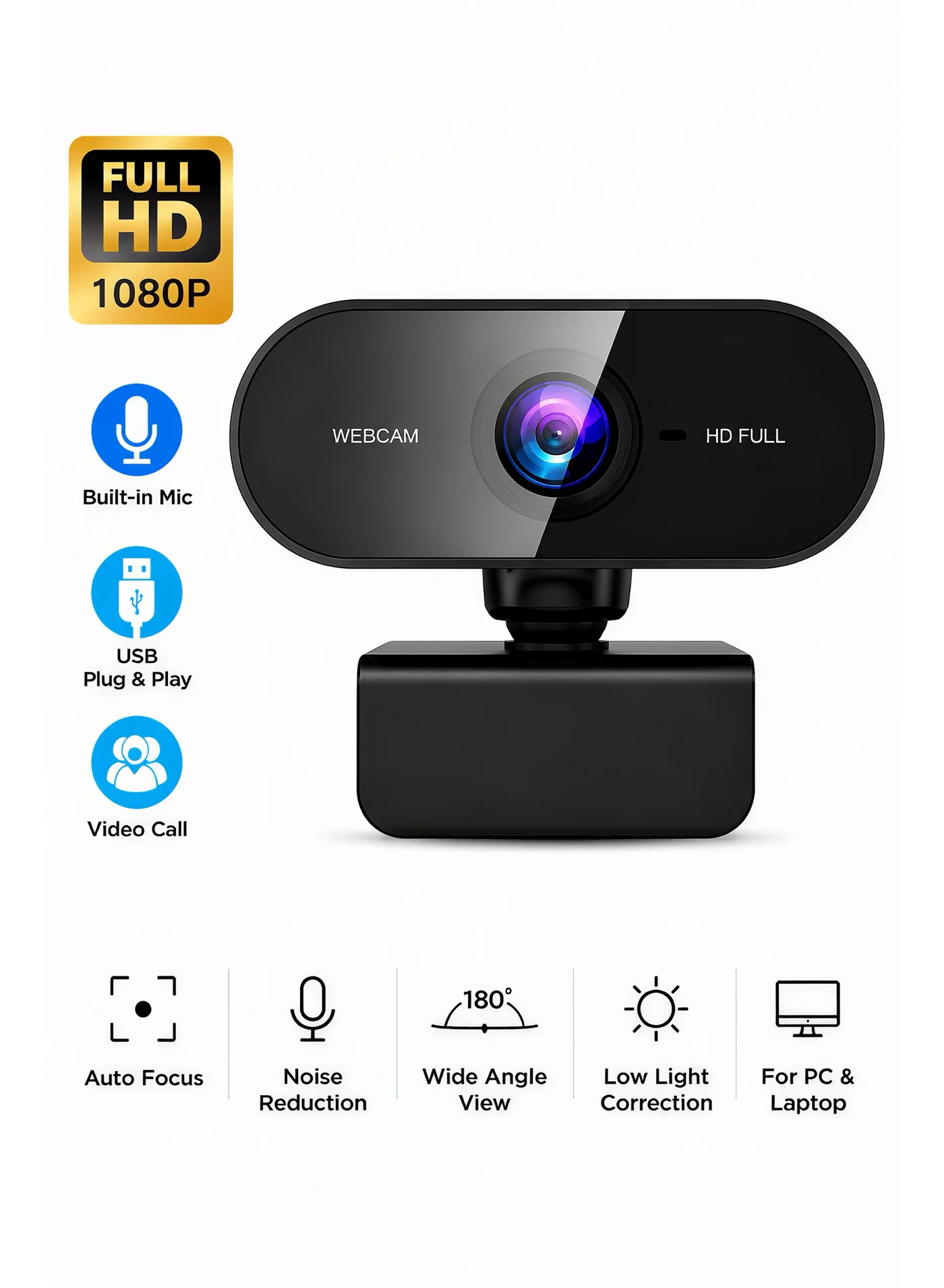 ZetRA 1080P Full HD Webcam with Built-In Microphone USB Plug and Play Computer Camera for Laptop and Desktop (Black, 1 Unit) ddu97