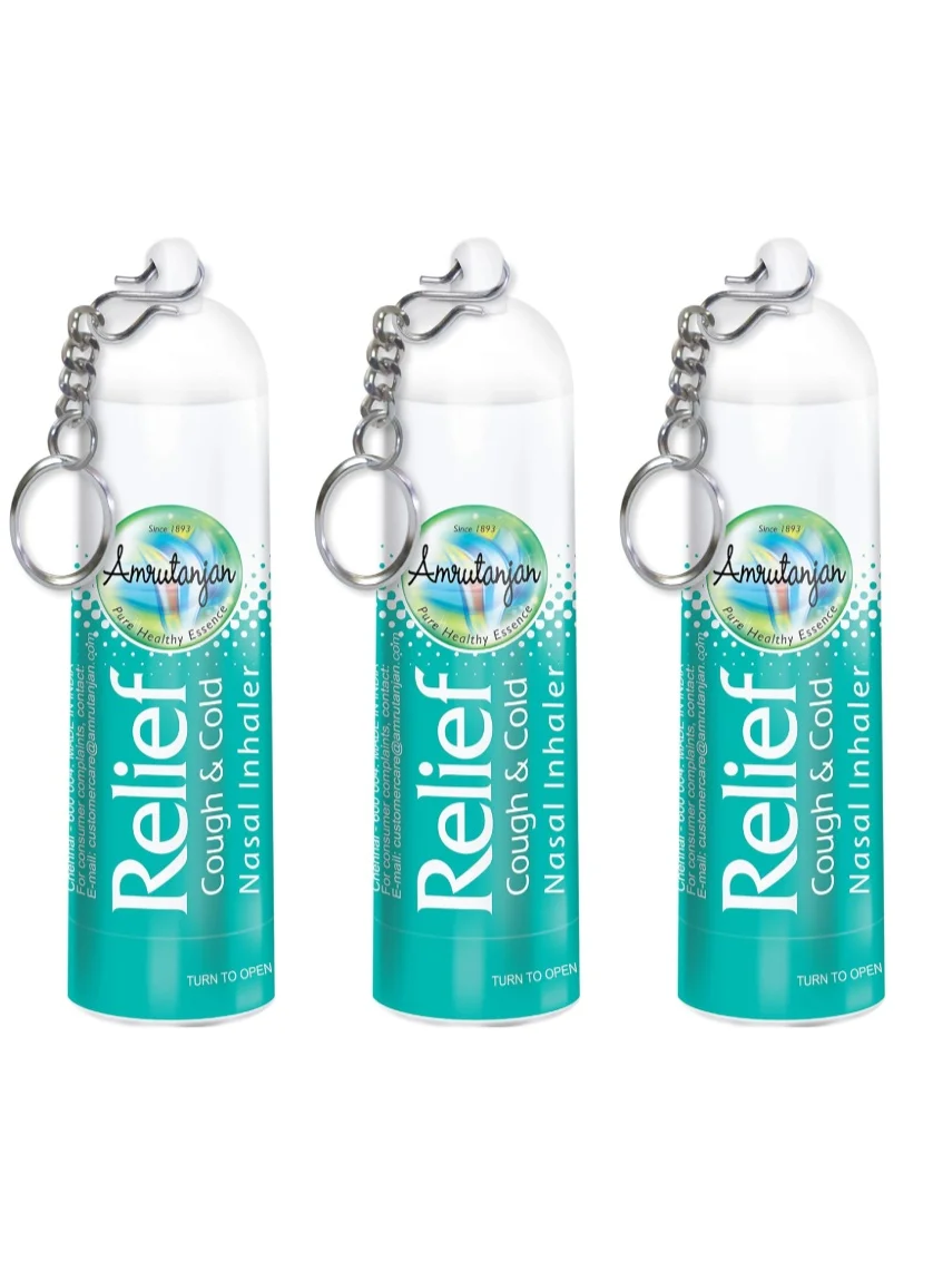 Amrutanjan Relief Nasal Inhaler for Congestion and Cold Support (3 Pack, 0.5 mL each) qhoma