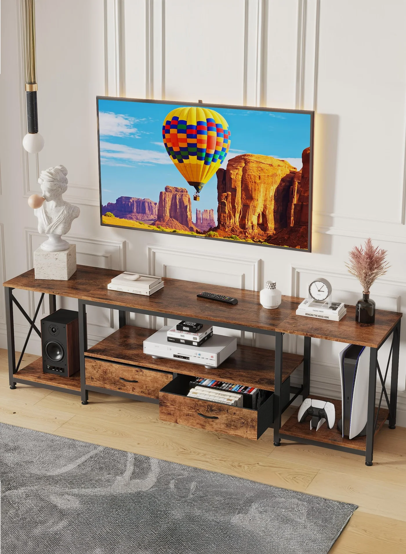 Yanara Industrial TV Stand with Fabric Drawers and Open Storage Shelves for 75 Inch TVs (Rustic Brown, 160cm x 55cm x 40cm) 8vgnq