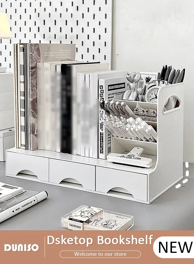 DUNISO Desk Storage Organizer with 3 Drawers and Pen Holder (Premium Desktop Stationery Shelf for Office and School Supplies) rc4tx