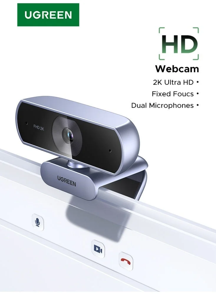 Ugreen 2K HD Webcam with Privacy Cover and Dual Microphone for PC and Laptop (Grey, 80-Degree FOV) sb1pj