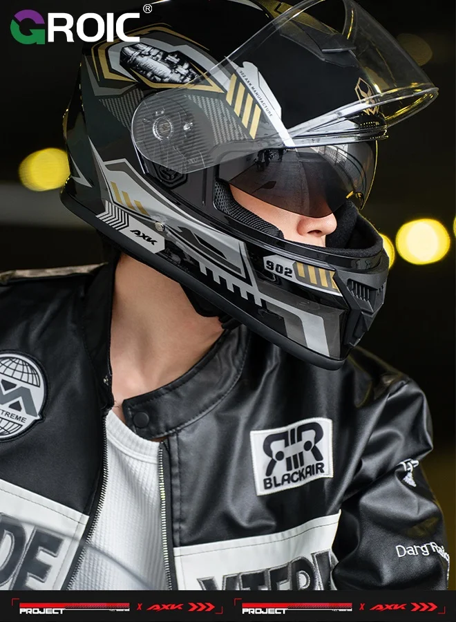 GROIC Sport Motorcycle Full Face Helmet Lightweight ABS Shell Street Bike Gear (Gold, Adult) s05fa