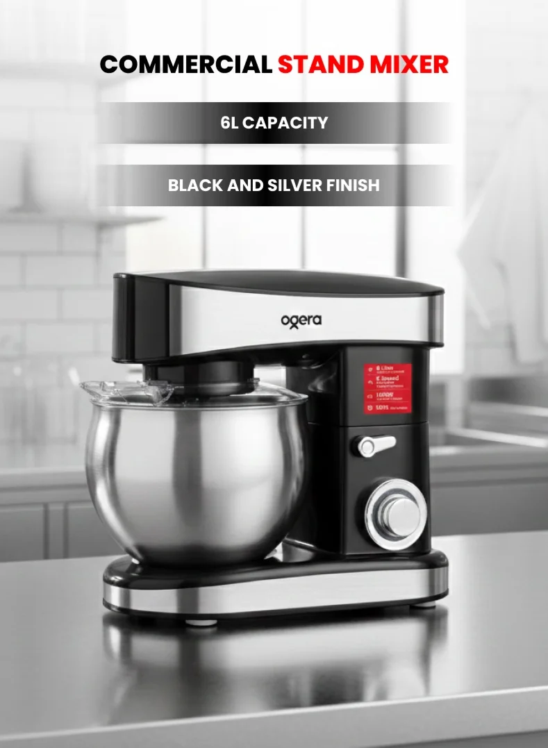 Ogera 1200W Stand Mixer with 6L Stainless Steel Bowl, 6-Speed Kitchen Machine for Bread and Cake Dough (Silver, 6L) cnwec