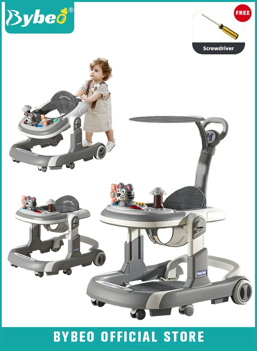 Bybeo 3-in-1 Baby Walker with Parent Push Handle and Adjustable Height (6-18 Months) jrosi