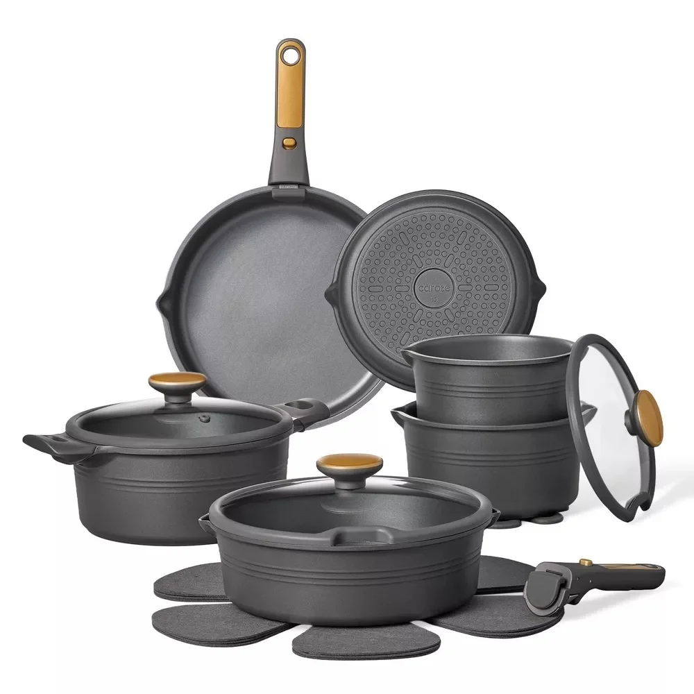 Premium 24-Piece Nonstick Cookware Set with Detachable Handles, Stackable Pots and Pans, Induction Compatible Aluminum Kitchen Cooking Set (Black, 24-Piece) dpatp