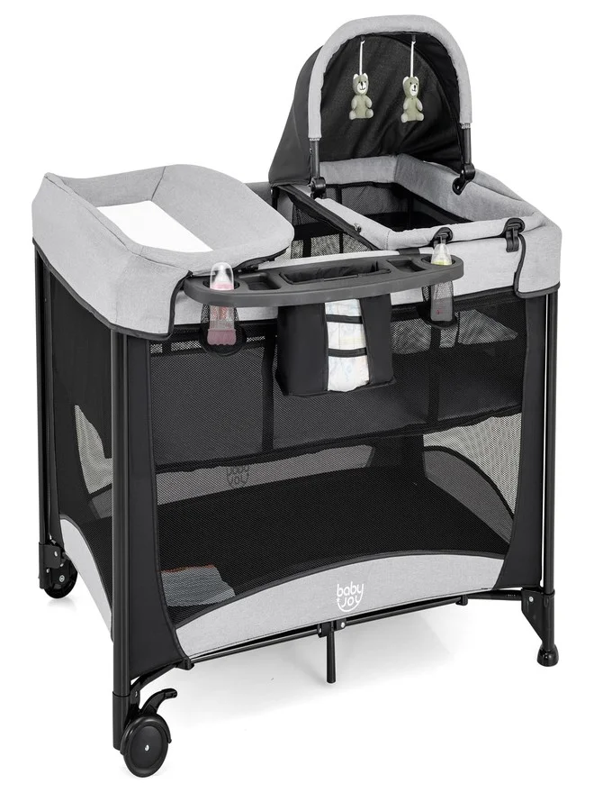 Baby Joy 4-in-1 Portable Playard with Bassinet and Changing Table, Foldable Activity Center for Newborns and Toddlers (Dark Grey, 100 cm x 70 cm) 89cmz