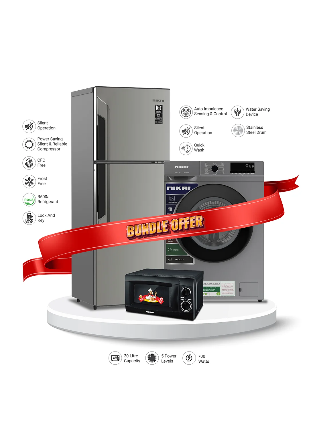 Nikai Home Appliance Bundle 500L Frost Free Refrigerator, 7kg Fully Automatic Washing Machine, and 20L Microwave (Silver, 3-Piece Set) dudci