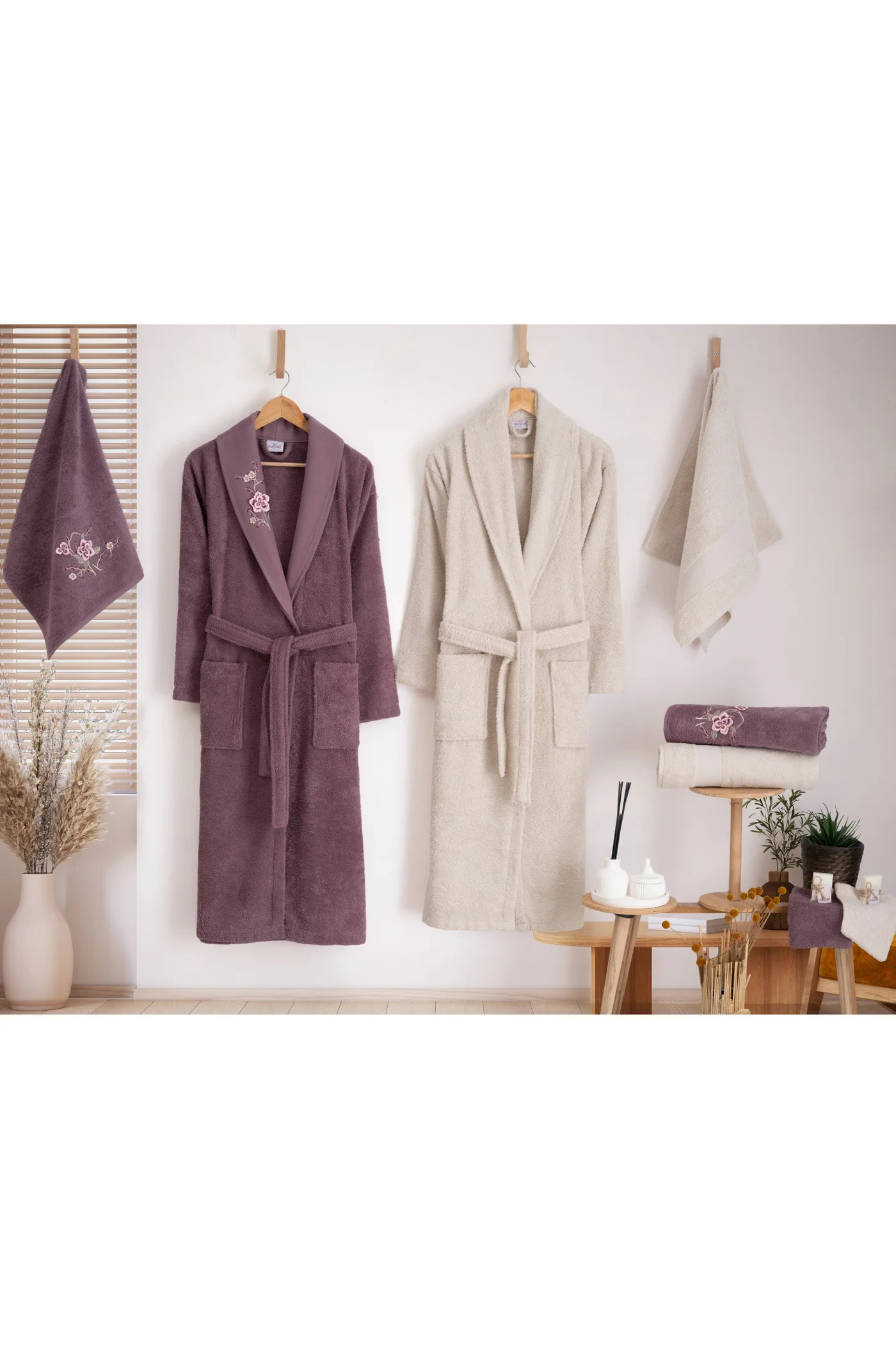 Nurpak Luxury 10-Piece Couple Bathrobe and Towel Set (Turkish Cotton) Premium Hotel-Quality Bath Linens for Newlyweds (Beige, 10-Piece Set) l3qvj