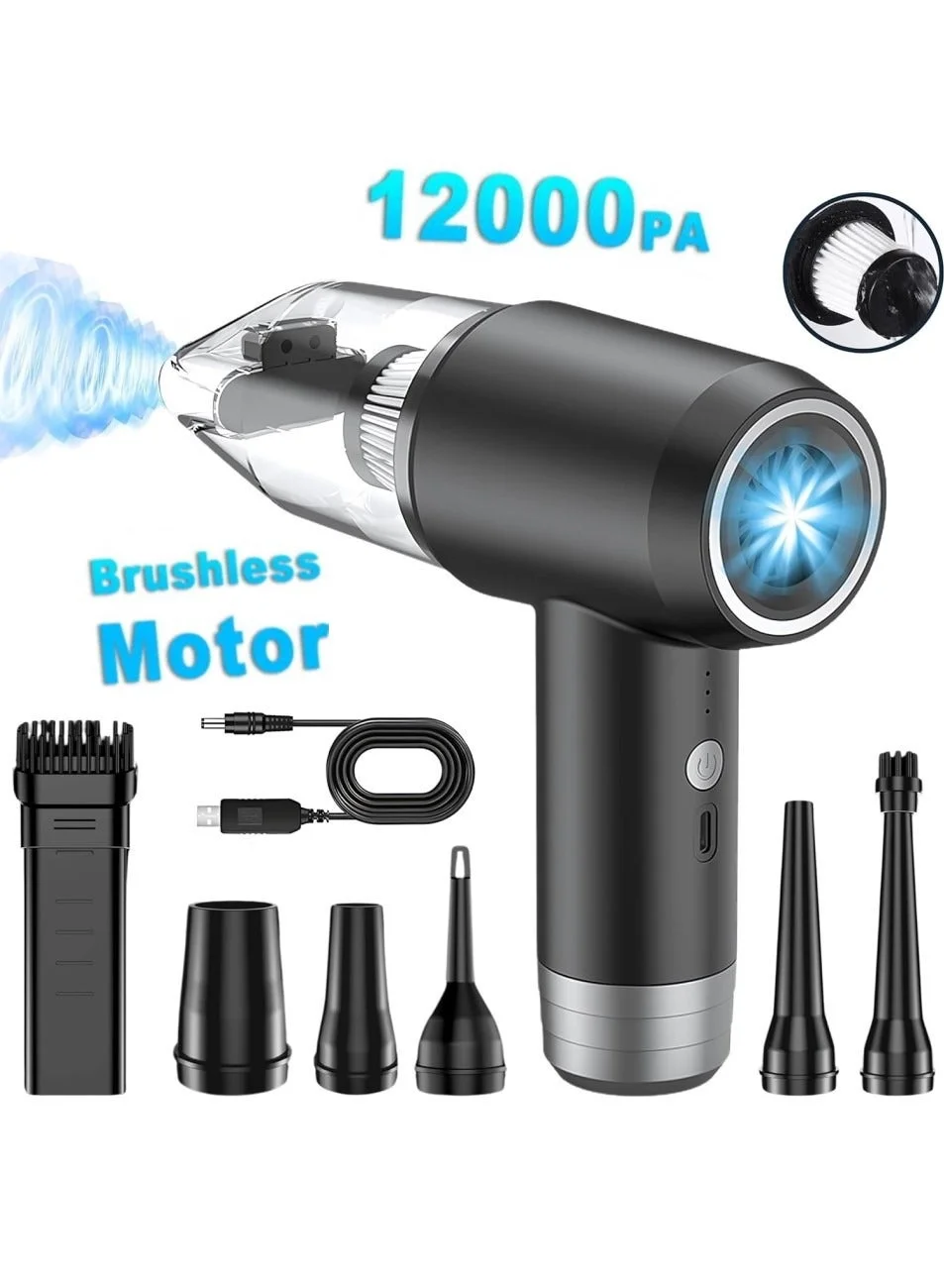 Changli Cordless Handheld Car Vacuum Cleaner and Air Duster with 12000PA Brushless Motor and 4000mAh Battery (Portable, Multi-Nozzle) 01j0c