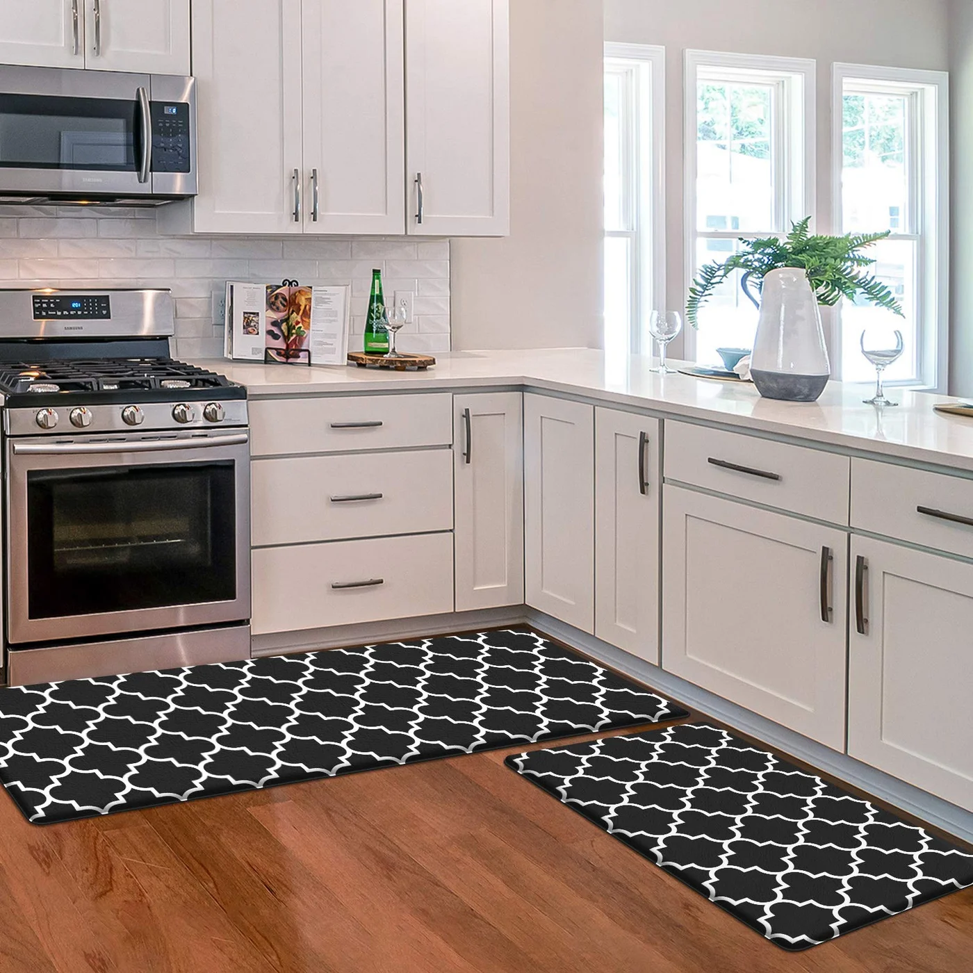Premium Cushioned Anti-Fatigue Kitchen Floor Mat Set (Black, 2 PCS) Heavy Duty Ergonomic Standing Foam Rug for Home and Office 6opnn