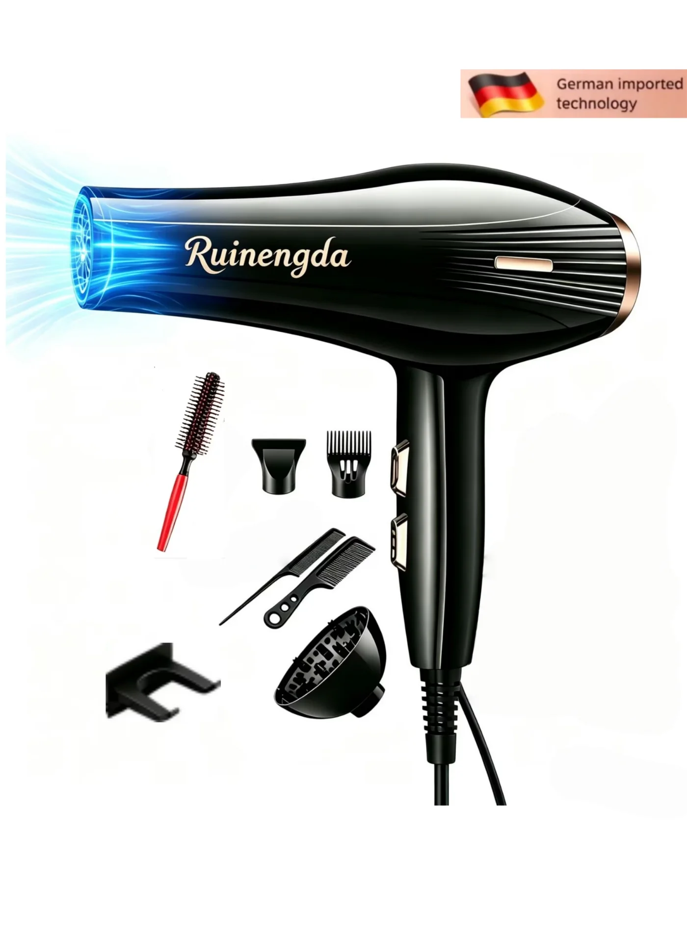 Ruinengda 8-in-1 Ionic Hair Dryer Professional Salon Blow Dryer with Diffuser and Concentrator Attachments (3000W, 1 Unit) 5etun